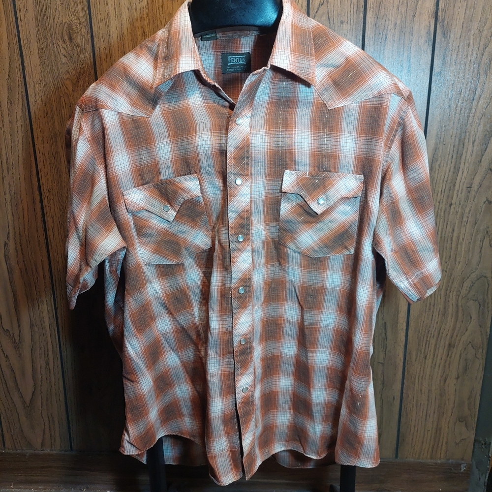 Fenton Western Orange Plaid Button Down Shirt Vintage 70s Pearl Snap XL